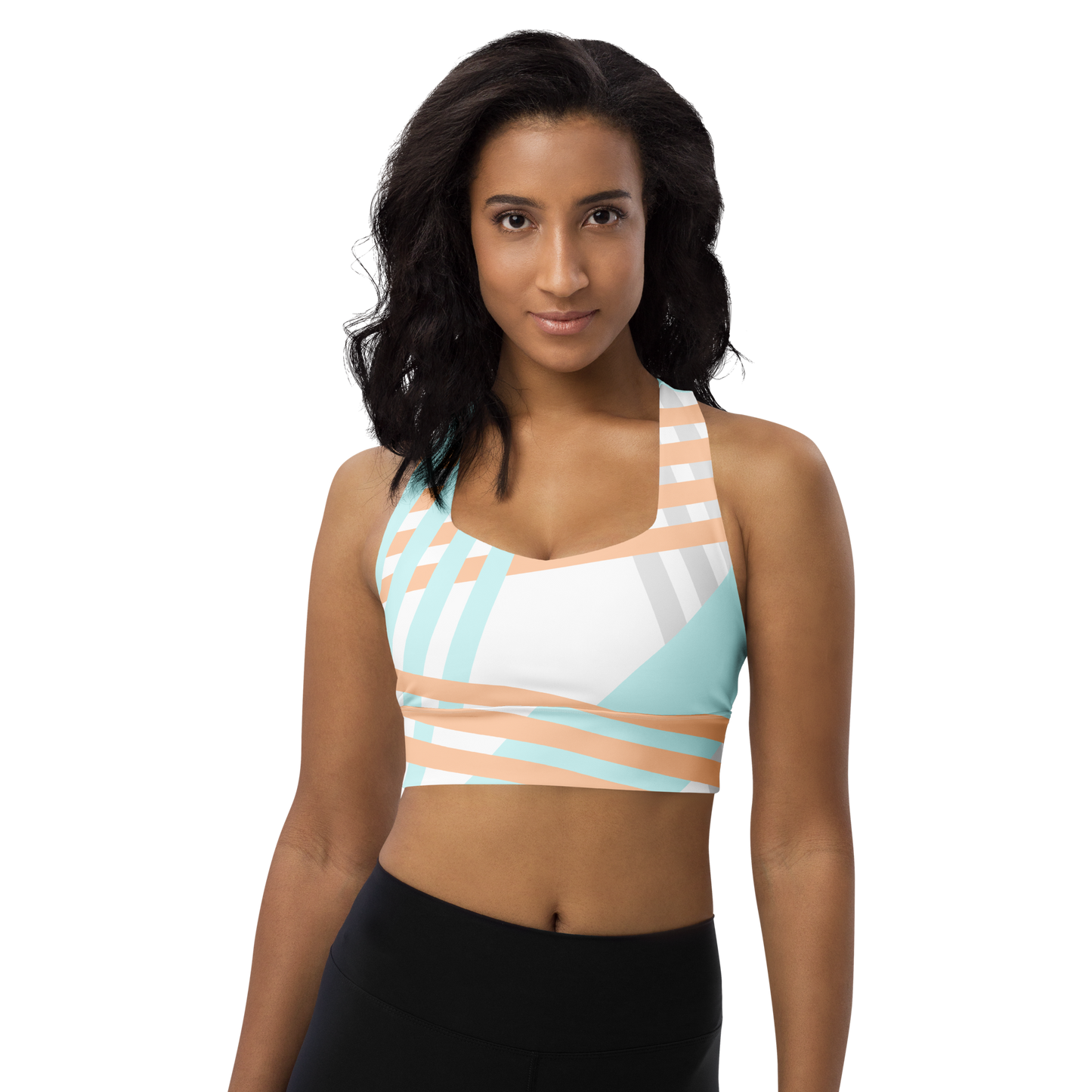 BabyCakes Longline Sports Bra - Blue & Peach Stripe