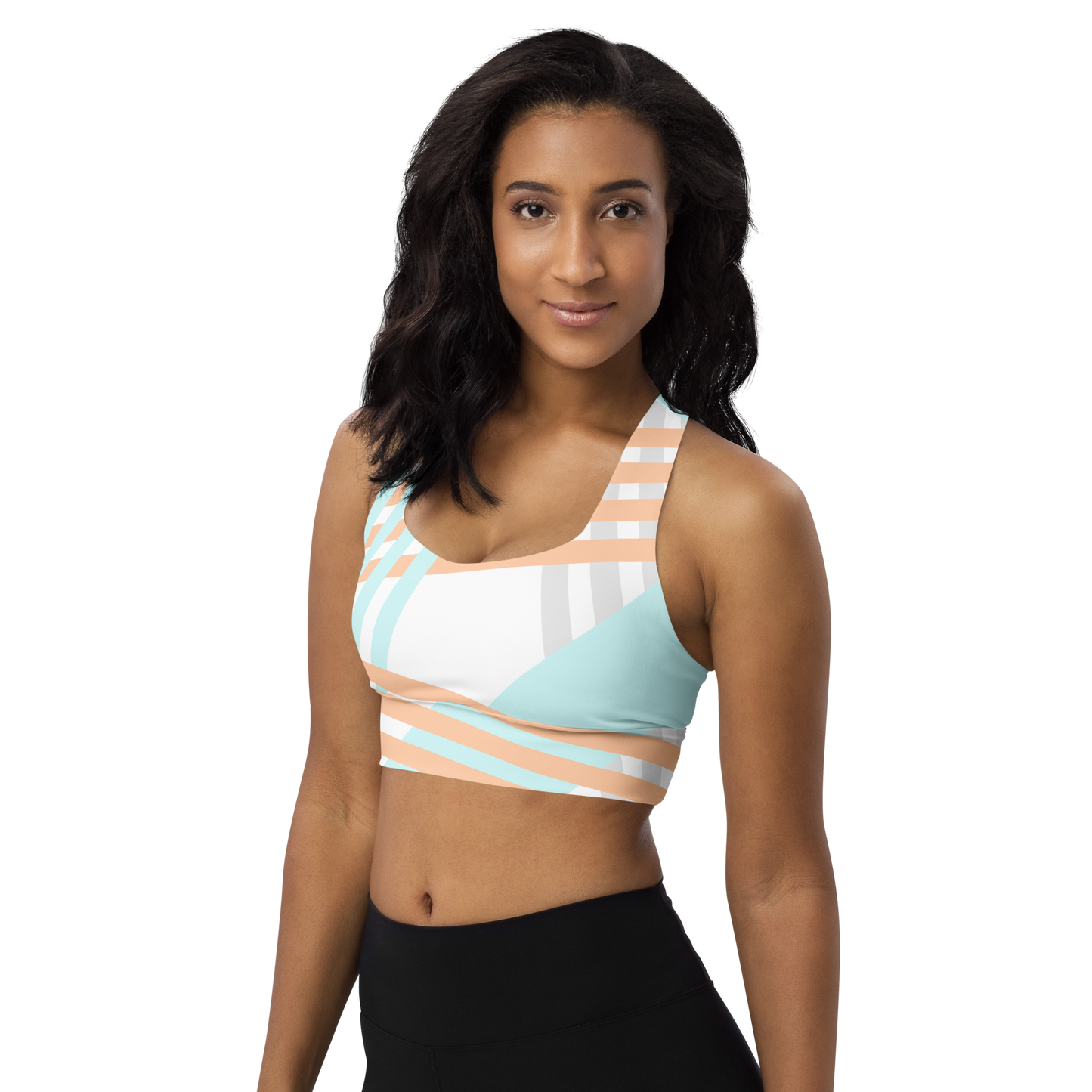 BabyCakes Longline Sports Bra - Blue & Peach Stripe