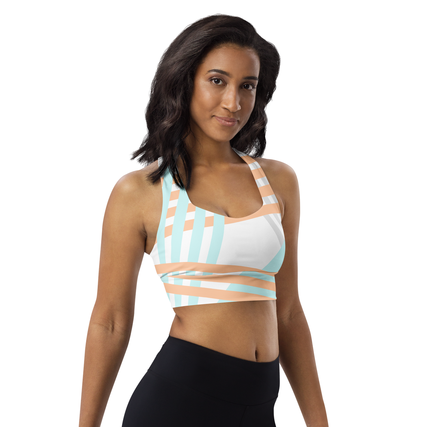 BabyCakes Longline Sports Bra - Blue & Peach Stripe